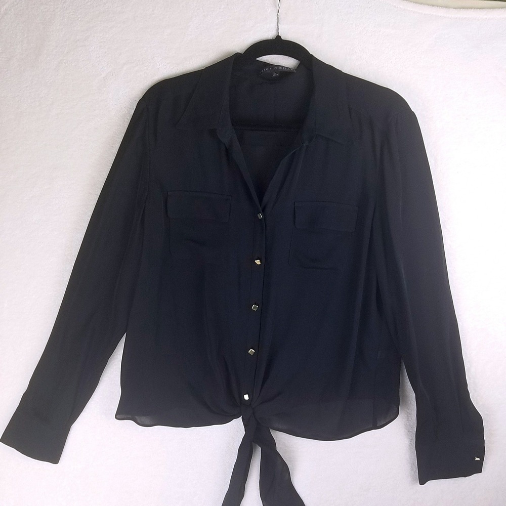 Antonio Melani Black Silk Long Sleeve Button Front Tie Waist Blouse Shirt Top L